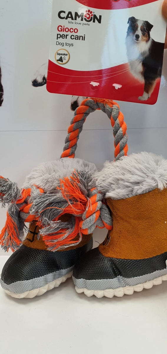GIOCO CANE PELOUCHE SCARPONCINI C/CORDA SQUEAKER 