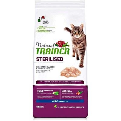 TRAINER  NATURAL ADULT STERILISED CON CARNI BIANCHE TACCHINO E FIBRA DI PISELLO Gatti