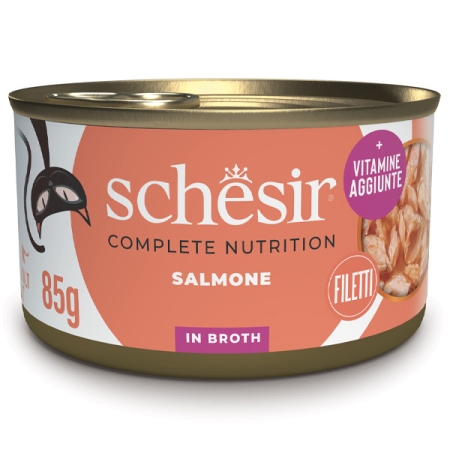 SCHESIR COMPLETE NUTRITION FILETTI SALMONE AL NATURALE IN ACQUA DI COTTURA BROTH Gatti