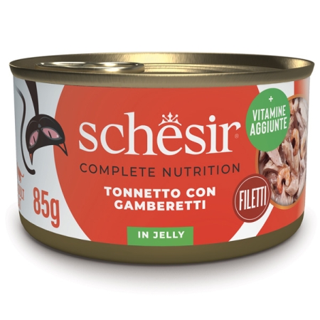 SCHESIR COMPLETE NUTRITION FILETTI TONNETTO CON GAMBERETTI IN JELLY Gatti