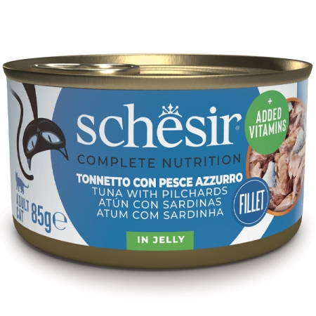 SCHESIR COMPLETE NUTRITION FILETTI TONNETTO CON PESCE AZZURRO IN JELLYZURRO IN GELATINA Gatti