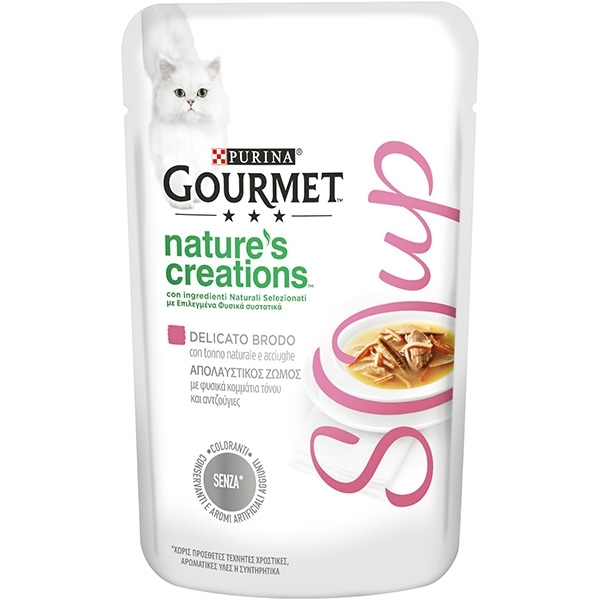 NESTLE' PURINA  GOURMET SOUP CON FILETTI DI TONNO NATURALE E DELIZIOSE ACCIUGHE 