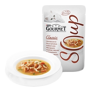 NESTLE' PURINA  GOURMET SOUP CON FIOCCHI DI POLLO NATURALE, PESCE BIANCO E GUSTOSE VERDURE Gatti
