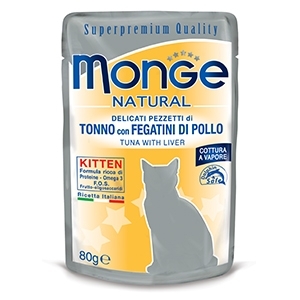 MONGE KITTEN NATURAL SUPERPREMIUM COTTI A VAPORE CON TONNO E FEGATINI DI POLLO Gatti