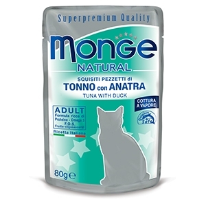 MONGE NATURAL SUPREPREMIUM COTTI A VAPORE CON TONNO E ANATRA Gatti