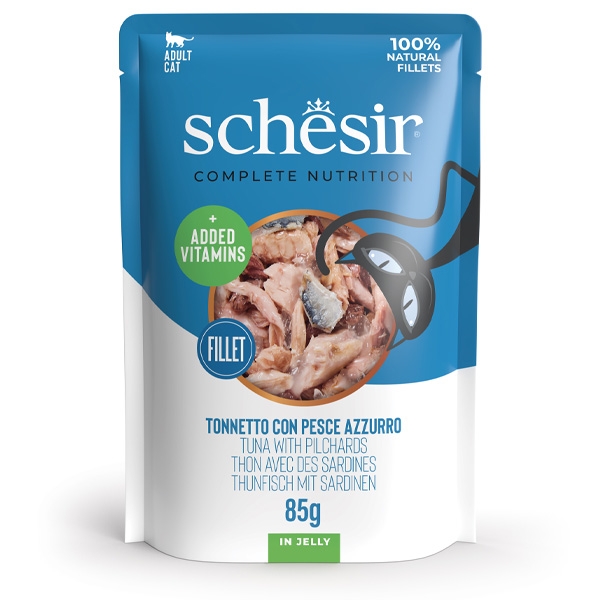 SCHESIR COMPLETE NUTRITION PER GATTI ADULTI FILETTI TONNETTO CON PESCE AZZURRO IN JELLY 