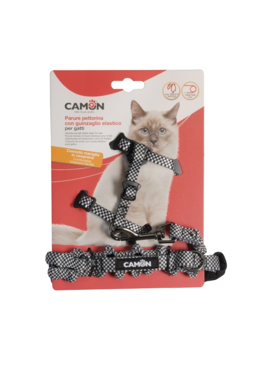 CAMON PARURE PER GATTI PETTORINA AD H CON GUINZAGLIO ELASTICO E MANIGLIA IN NEOPRENE 