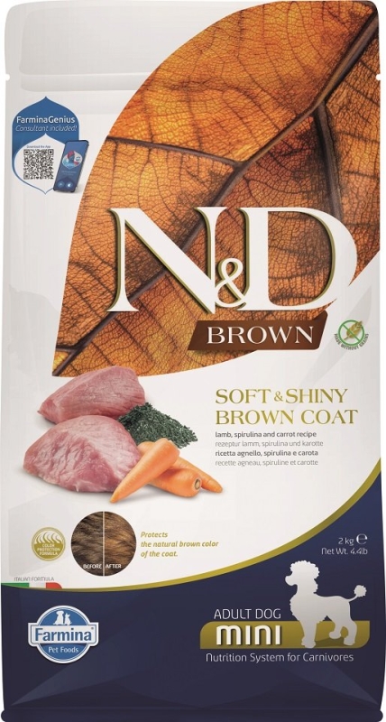 N&D BROWN SOFT & SHINY BROWN COAT  AGNELLO, SPIRULINA E CAROTE ADULT MINI 