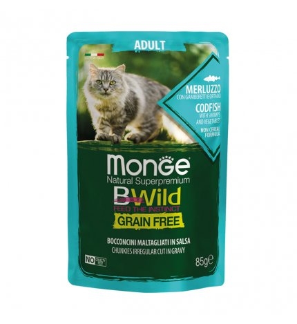 MONGE CAT NATURAL SUPERPREMIUM BWILD ADULT GRAIN FREE MERLUZZO CON GAMBERETTI E ORTAGGI