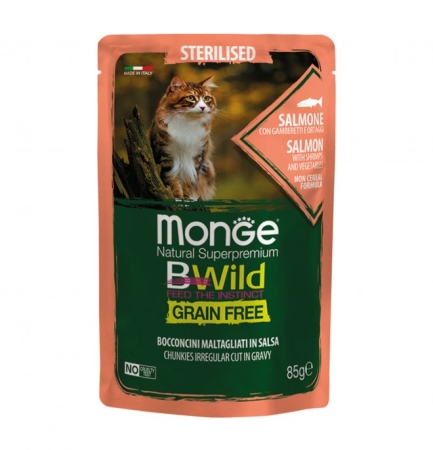 MONGE CAT NATURAL SUPERPREMIUM BWILD STERILISED GRAIN FREE SALMONE CON GAMBERETTI E ORTAGGI Gatti