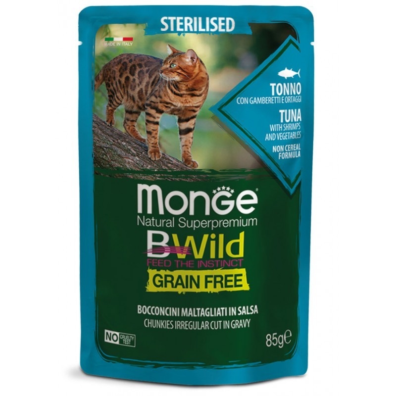 MONGE CAT NATURAL SUPERPREMIUM BWILD STERILISED GRAIN FREE TONNO CON GAMBERETTI E ORTAGGI 