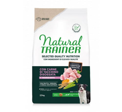 NATURAL TRAINER SELECTED QUALITY NUTRITION ADULT MEDIUM & MAXI CON CARNE DI TACCHINO DISOSSATA 