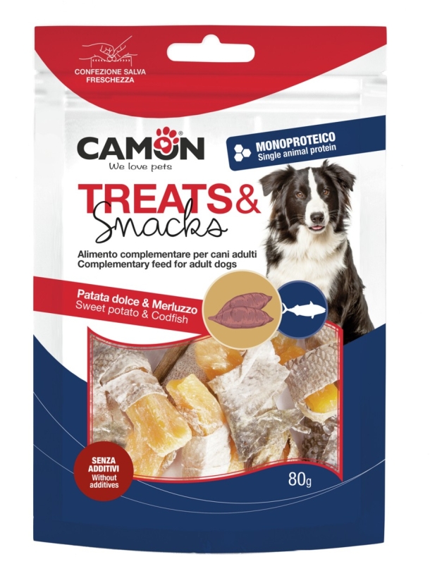 CAMON SNACKS STRIPS DI PATATA DOLCE E PELLE DI MERLUZZO 