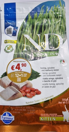 FARMINA N&D GATTO SPIRULINA GF KITTEN ARINGA, SPIRULINA E BACCHE DI GOJI Gatti