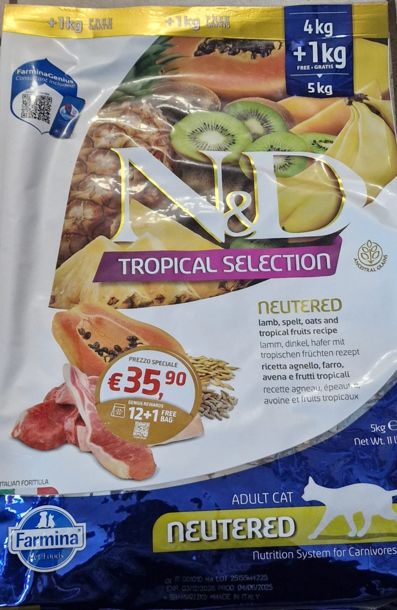 FARMINA CAT ND TROPICAL NEUTERED AGNELLO 4KG+1KG 