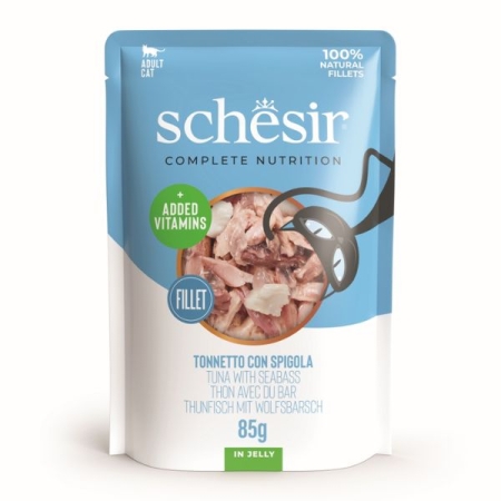 SCHESIR COMPLETE NUTRITION GATTI ADULTI FILETTI TONNETTO CON SPIGOLA IN JELLY Gatti