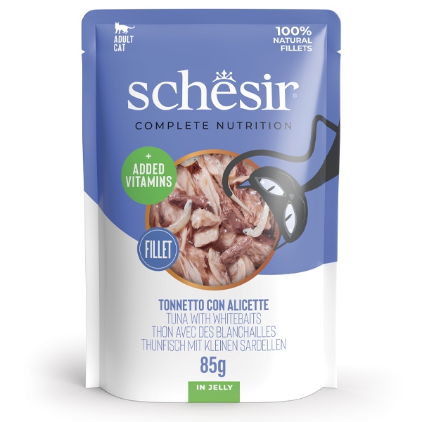 SCHESIR COMPLETE NUTRITION GATTI ADULTI FILETTI TONNETTO CON ALICETTE IN JELLY 