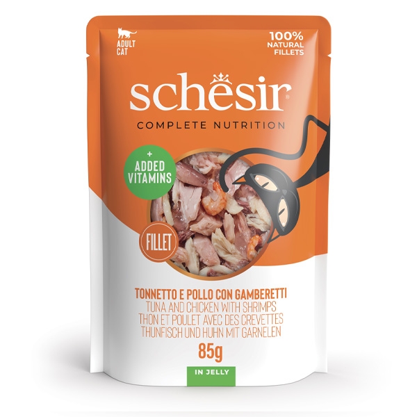 SCHESIR COMPLETE NUTRITION GATTI ADULTI FILETTI TONNETTO E POLLO CON GAMBERETTI IN JELLY 