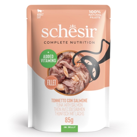 SCHESIR COMPLETE NUTRITION GATTI ADULTI FILETTI TONNETTO CON SALMONE IN JELLY Gatti