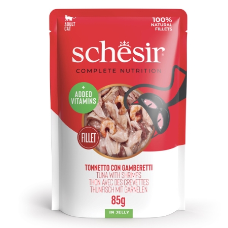 SCHESIR COMPLETE NUTRITION PER GATTI ADULTI FILETTI TONNETTO CON GAMBERETTI IN JELLY Gatti