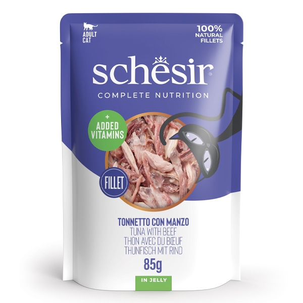 SCHESIR COMPLETE NUTRITION PER GATTI ADULTI FILETTI TONNETTO CON MANZO IN JELLY 