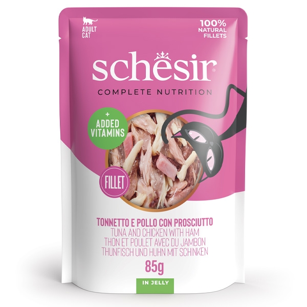 SCHESIR COMPLETE NUTRITION PER GATTI ADULTI FILETTI TONNETTO E POLLO CON PROSCIUTTO IN JELLY 