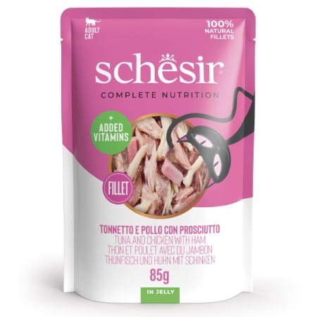 SCHESIR COMPLETE NUTRITION PER GATTI ADULTI FILETTI TONNETTO E POLLO CON PROSCIUTTO IN JELLY Gatti