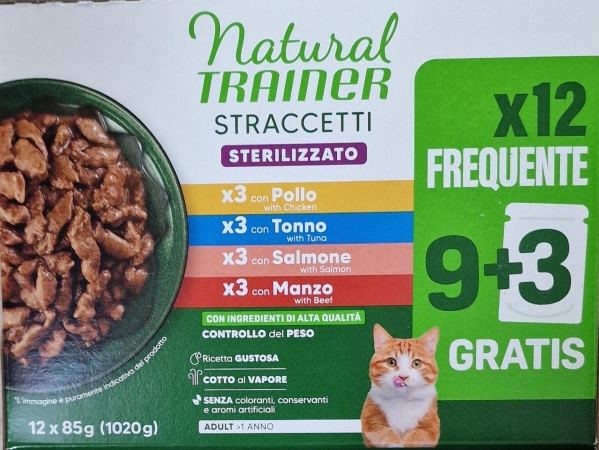 NATURAL TRAINER STRACCETTI STERILIZZATO MULTIPACK POLLO/TONNO/SALMONE/MANZO Gatti