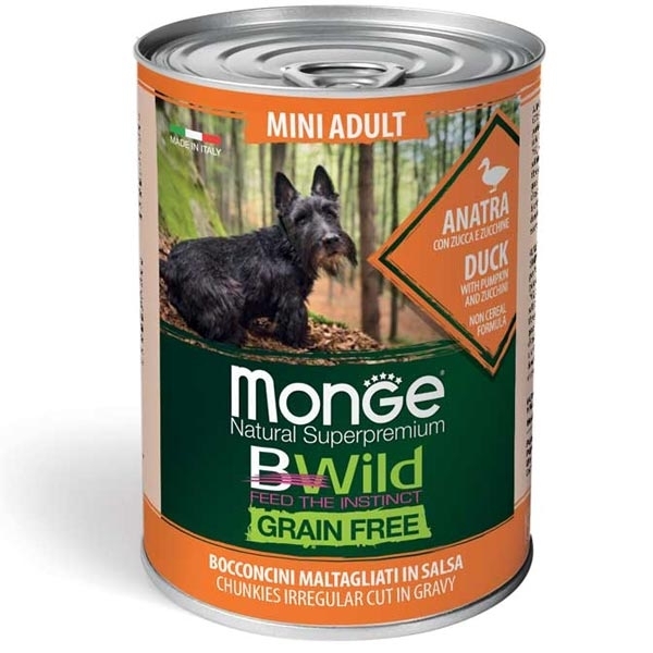 MONGE BWILD GRAIN FREE ADULT MINI CON ANATRA, ZUCCA E ZUCCHINE 