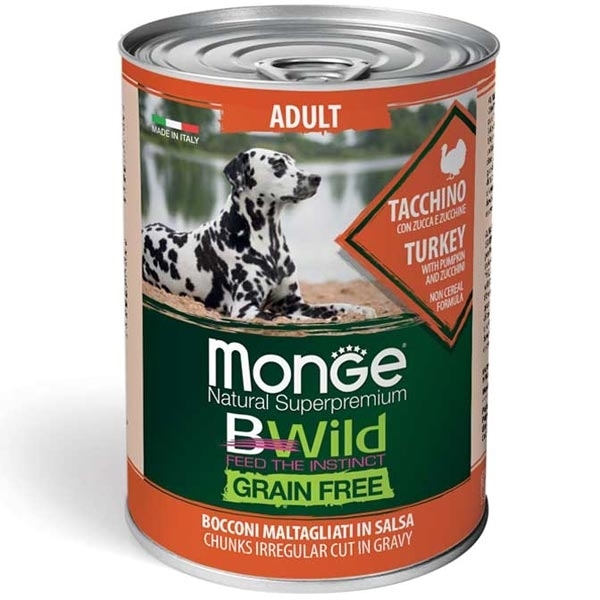MONGE BWILD GRAIN FREE ADULT ALL BREEDS CON TACCHINO, ZUCCA E ZUCCHINE 