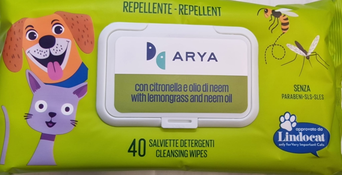 ARYA SALVIETTE DETERGENTI CON CITRONELLA E OLIO DI NEEM REPELLENTE PER CANI / GATTI 