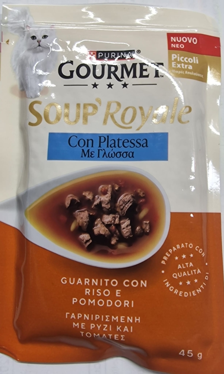PURINA GOURMET SOUP' ROYALE CON PLATESSA GUARNITO CON RISO E POMODORI 