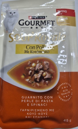 PURINA GOURMET SOUP' ROYALE CON POLLO GUARNITO CON PERLE DI PASTA E SPINACI Gatti