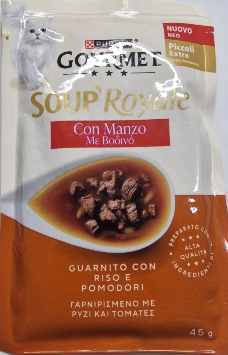 PURINA GOURMET SOUP' ROYALE CON MANZO GUARNITO CON RISO E POMODORI 
