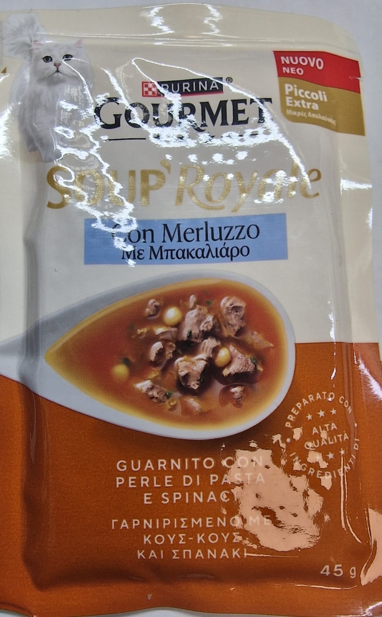 PURINA GOURMET SOUP' ROYALE CON MERLUZZO GUARNITO CON PERLE DI PASTA E SPINACI 