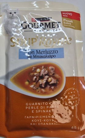 PURINA GOURMET SOUP' ROYALE CON MERLUZZO GUARNITO CON PERLE DI PASTA E SPINACI Gatti