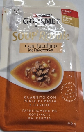 PURINA GOURMET SOUP' ROYALE CON TACCHINO GUARNITO CON PERLE DI PASTA E CAROTE Gatti