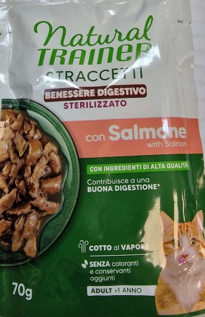 NATURAL TRAINER STRACCETTI BENESSERE DIGESTIVO STERILIZZATO CON SALMONE Gatti