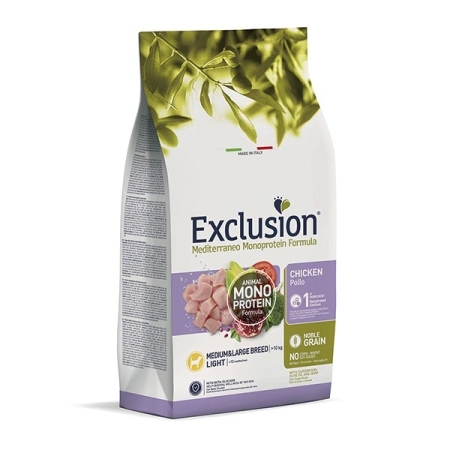 EXCLUSION MEDITERRANEO MONOPROTEIN LIGHT ADULT MEDIUM & LARGE BREED CON POLLO Cani