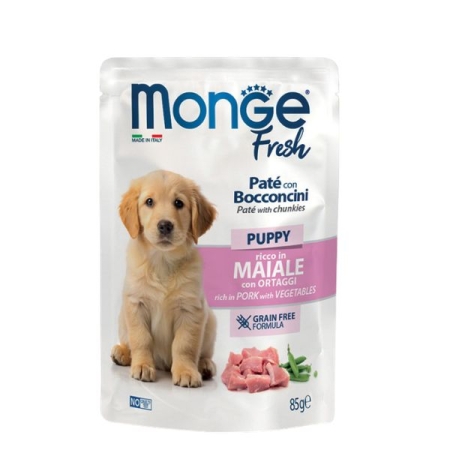 MONGE FRESH BUSTE DOG PUPPY & JUNIOR PATE' CON BOCCONCINI RICCO IN MAIALE CON ORTAGGI Cani