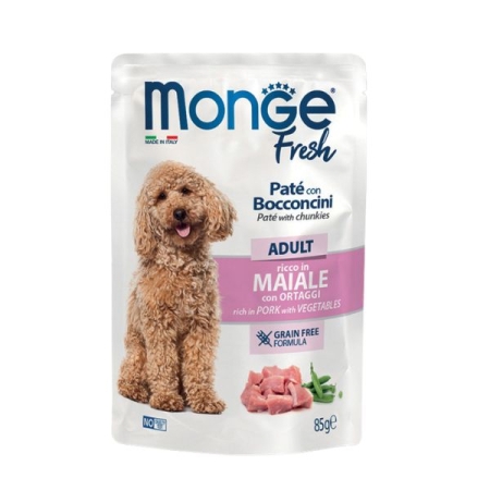 MONGE FRESH BUSTE DOG ADULT PATE'  CON BOCCONCINI RICCO IN MAIALE CON ORTAGGI Cani