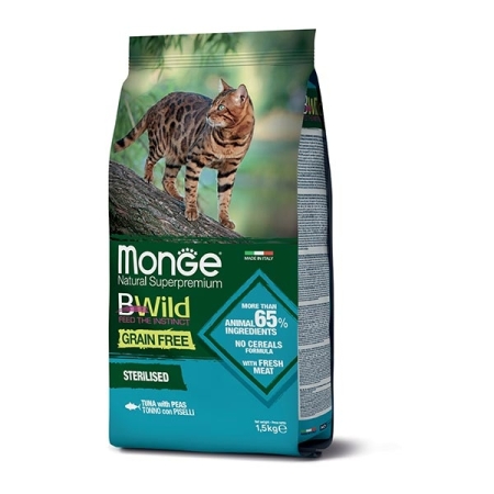 MONGE BWILD GRAIN FREE STERILISED ADULT CON TONNO E PISELLI Gatti