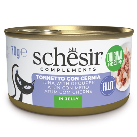 SCHESIR COMPLEMENTS PER GATTI ADULTI FILETTI IN GELATINA TONNETTO CON CERNIA Gatti