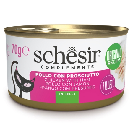 SCHESIR COMPLEMENTS PER GATTI ADULT FILETTI IN GELATINA POLLO CON PROSCIUTTO Gatti
