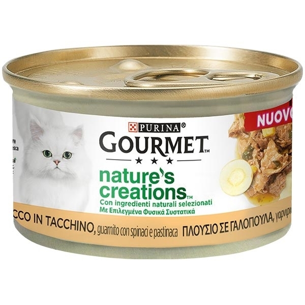 NATURE'S CREATIONS, RICCO IN TACCHINO,GUARNITO CON SPINACI E PASTINACA 