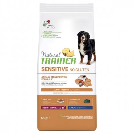 TRAINER NATURAL SENSITIVE NO GLUTEN MEDIUM & MAXI ADULT CON SALMONE Cani