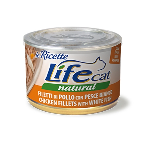 LIFE CAT LE RICETTE FILETTI DI POLLO CON PESCE BIANCO E ZUCCA 